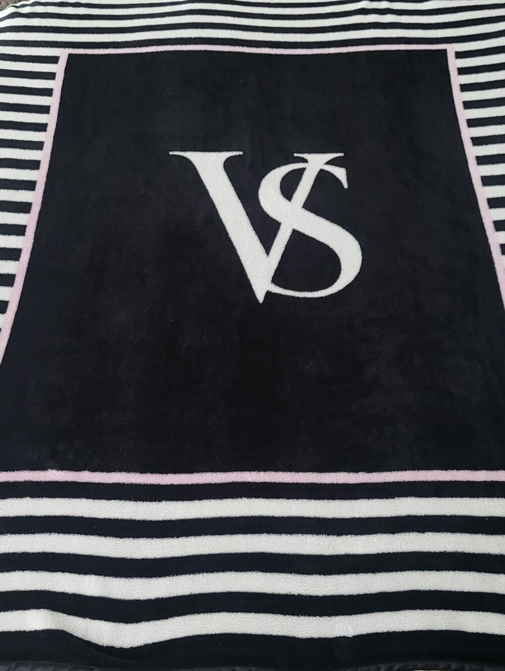 Victoria's Secret Black & White Stripes & VS Logo With Pink Accents Blanket